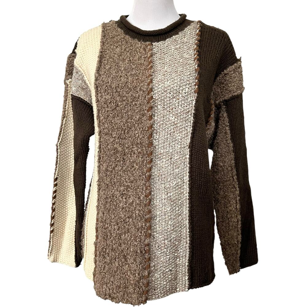 Vintage The Limited Hand Knit Sweater Colorblock Brown Beige Cream Wool Blend M
